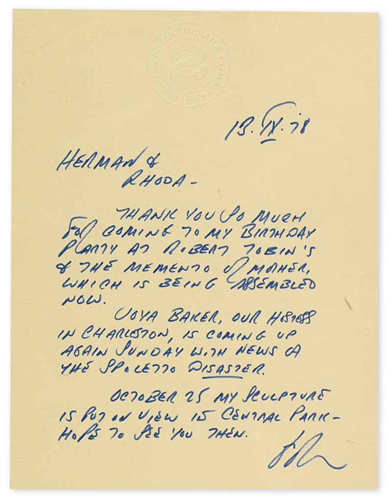 INDIANA, ROBERT. Archive of 35 items Signed, or Inscribed and Signed, Bob, RIndiana, or Indiana, to Herman or Rhoda Krawitz,